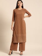 All About You Women Brown Ethnic Motifs Embroidered Chikankari Kurta with Palazzos | Grocsy