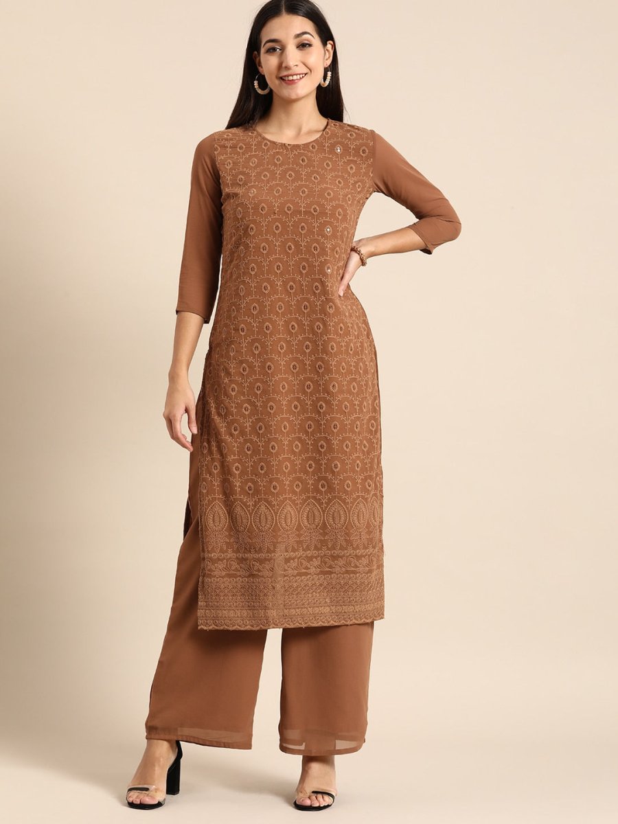 All About You Women Brown Ethnic Motifs Embroidered Chikankari Kurta with Palazzos | Grocsy