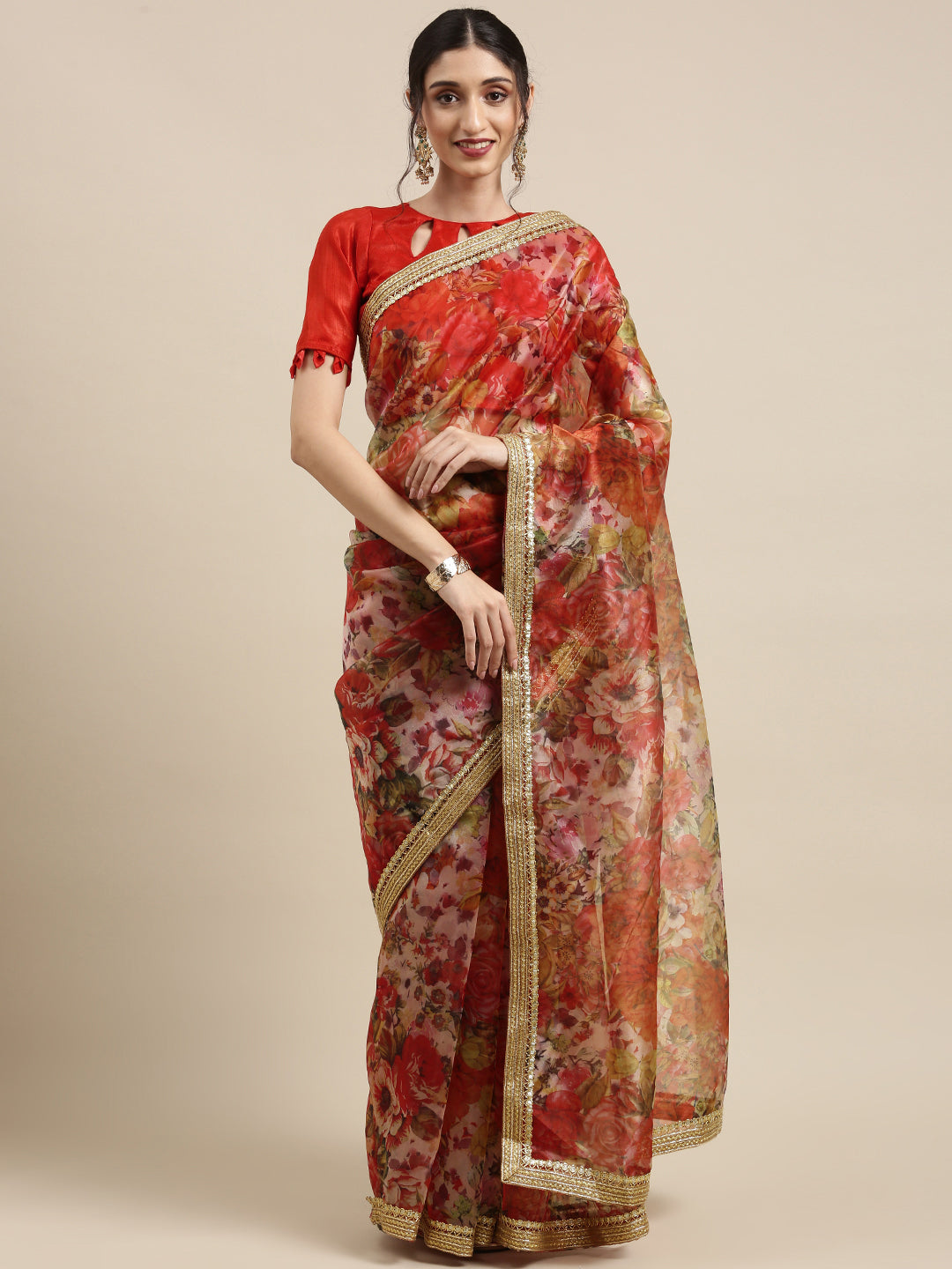 Tikhi Imli Red Floral Organza Saree | Grocsy