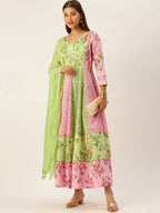 HERE&NOW Women Green & Pink Floral Printed Anarkali Cotton Kurta With Dupatta | Grocsy