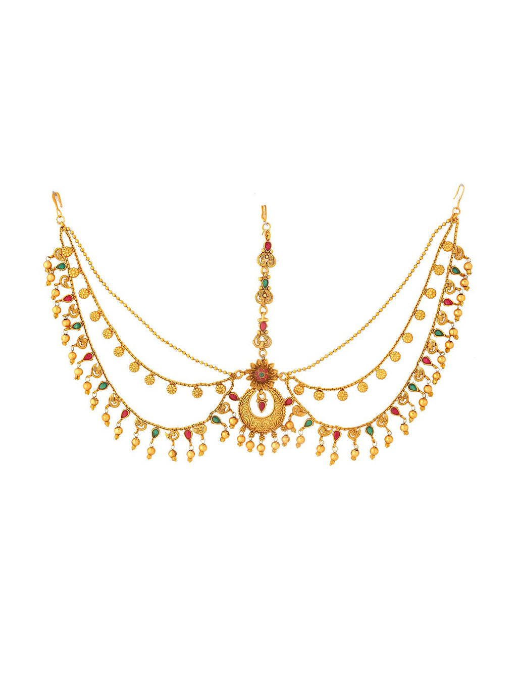 Yellow Chimes Gold-Polished Red & Green Stone-Studded Layered Bridal Maatha Patti | Grocsy