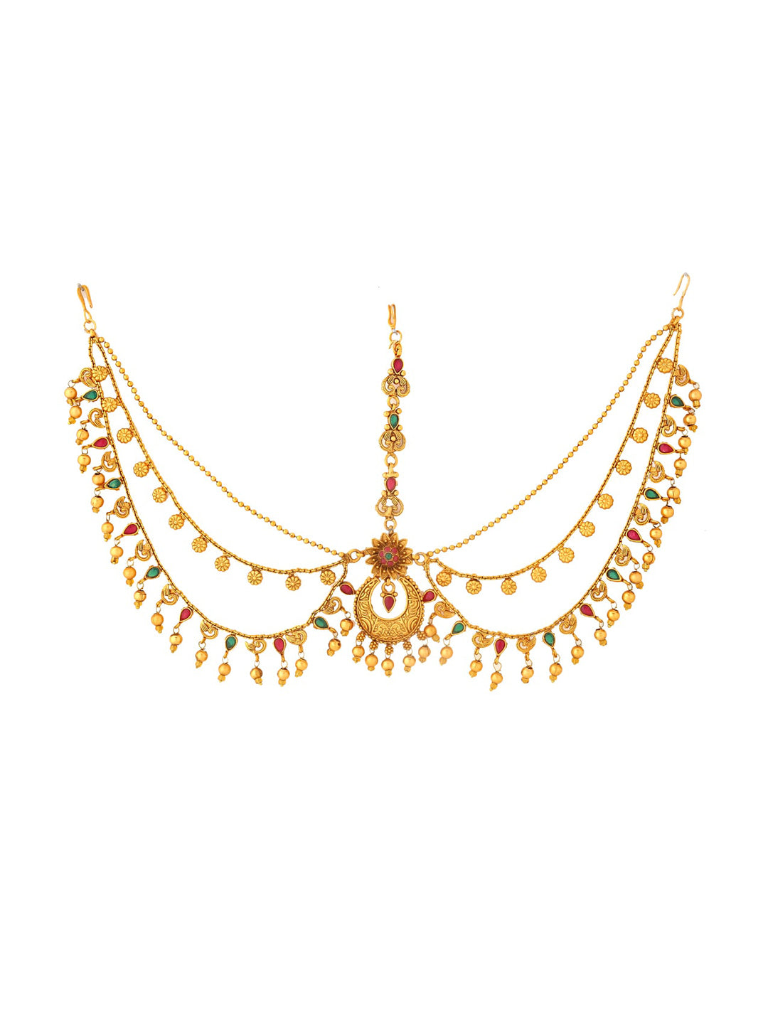 Yellow Chimes Gold-Polished Red & Green Stone-Studded Layered Bridal Maatha Patti | Grocsy