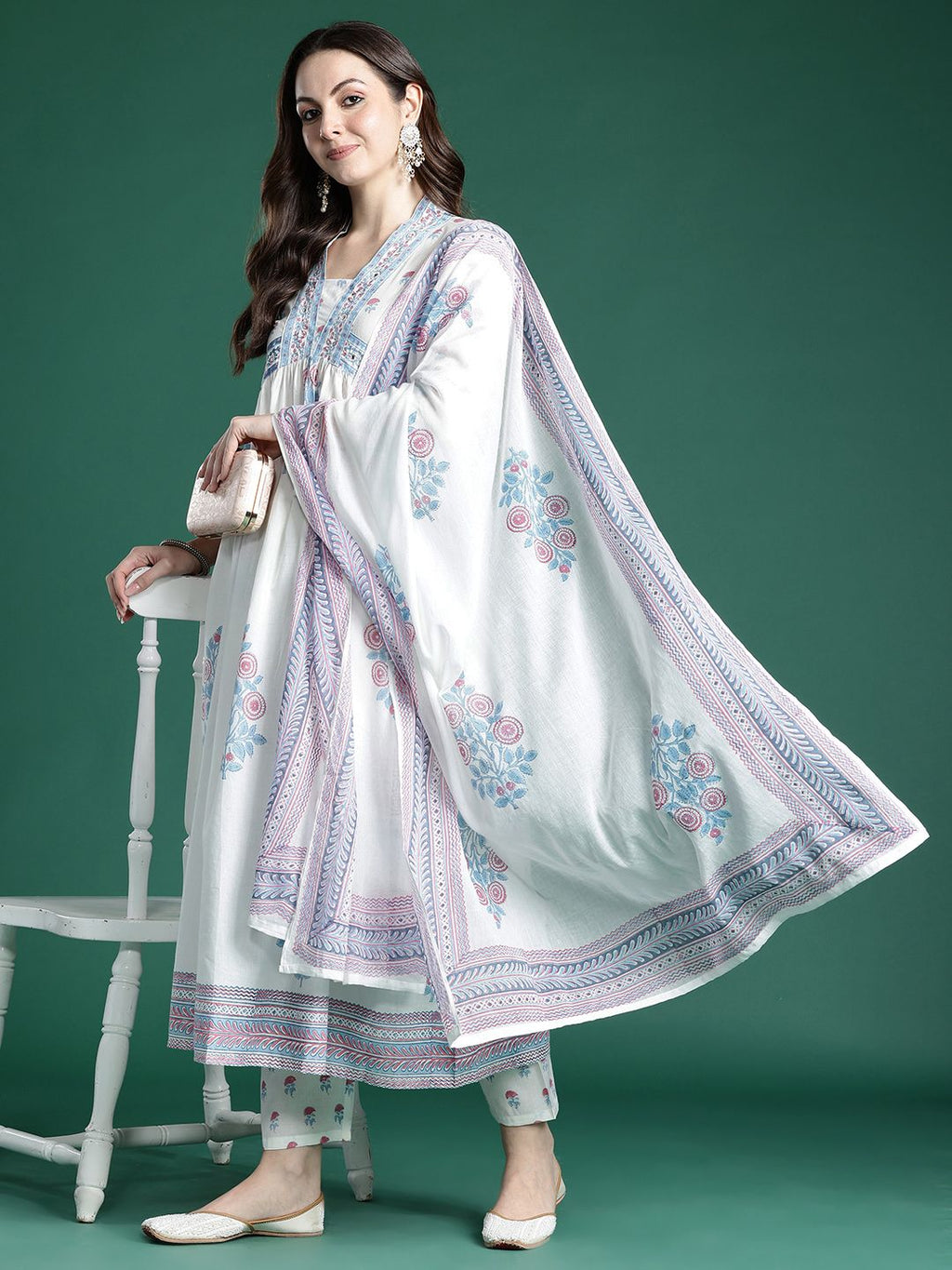 Indo Era Floral Printed Pure Cotton Kurta with Trousers & Dupatta | Grocsy