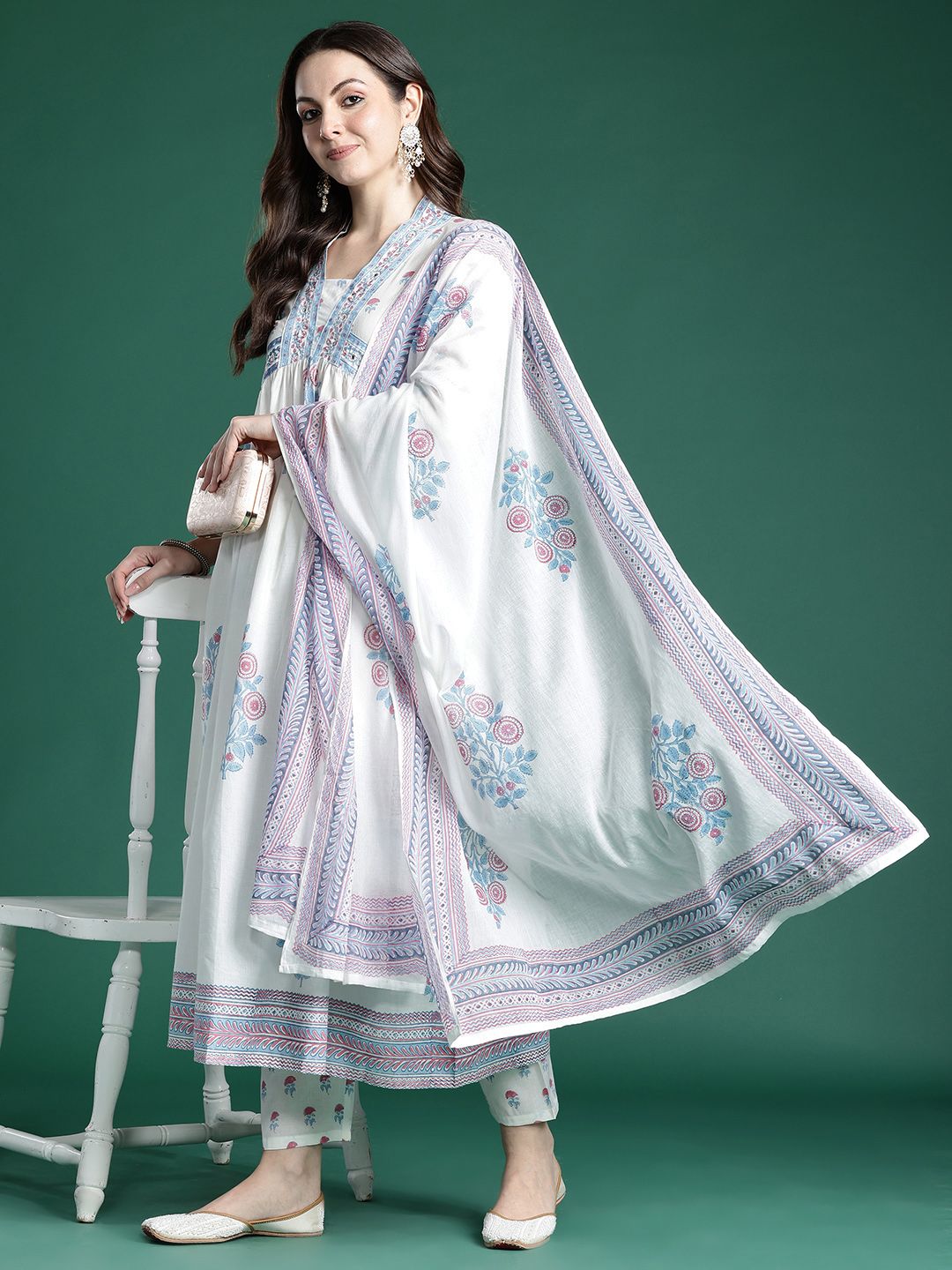 Indo Era Floral Printed Pure Cotton Kurta with Trousers & Dupatta | Grocsy