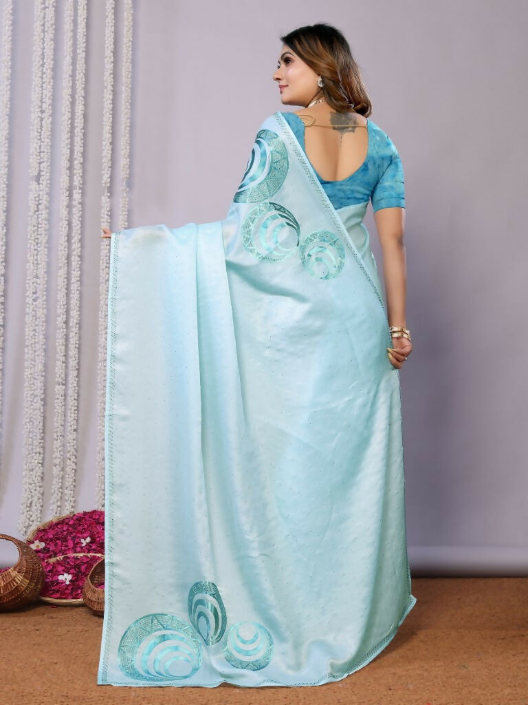 Sky Blue Organza Crepe Printed Stone Work Saree - Norita Saumya | Grocsy
