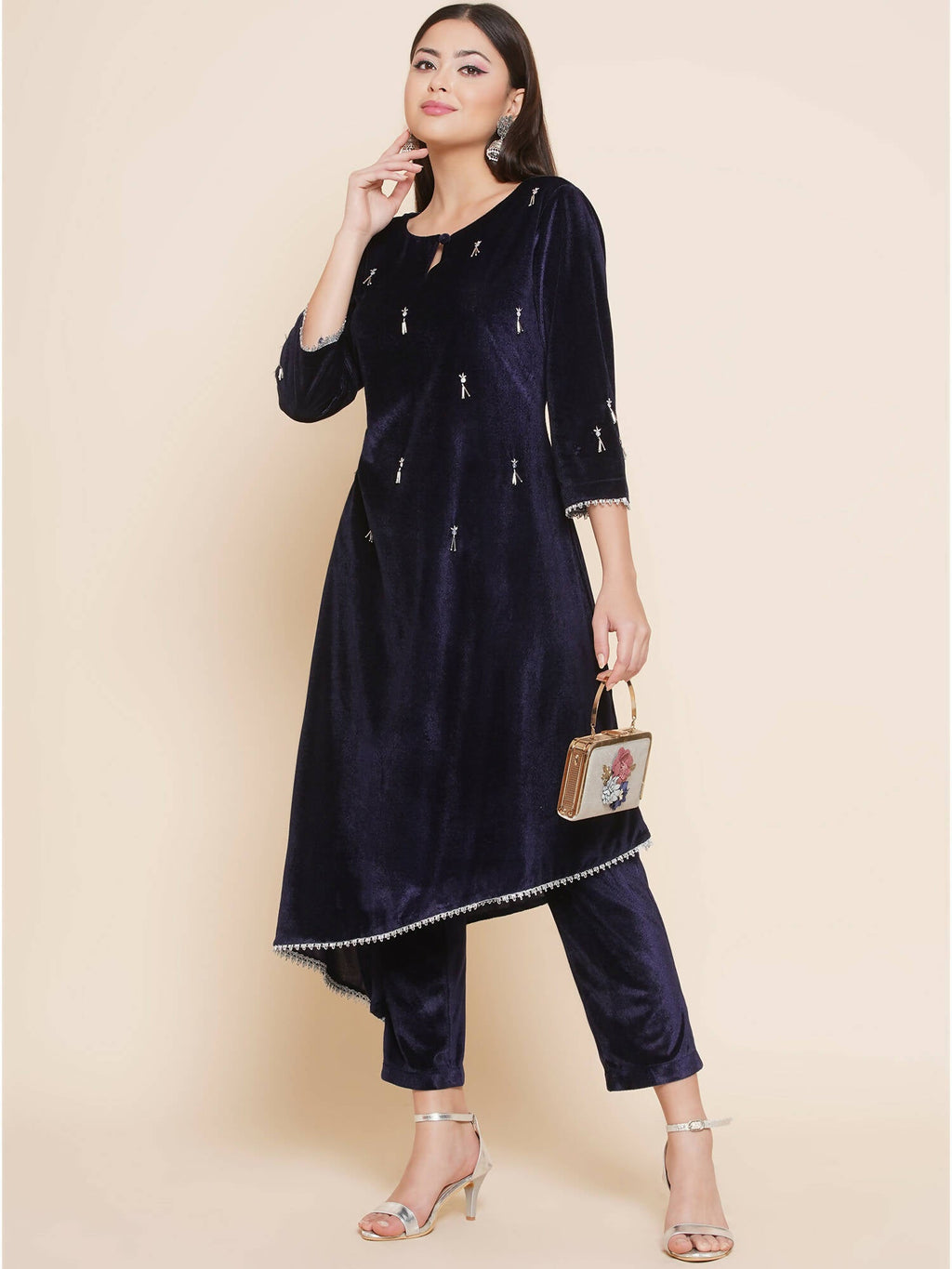 Women Republic Navy Blue Velvet Assymetrical Hand Embellished Kurta With Pants | Grocsy