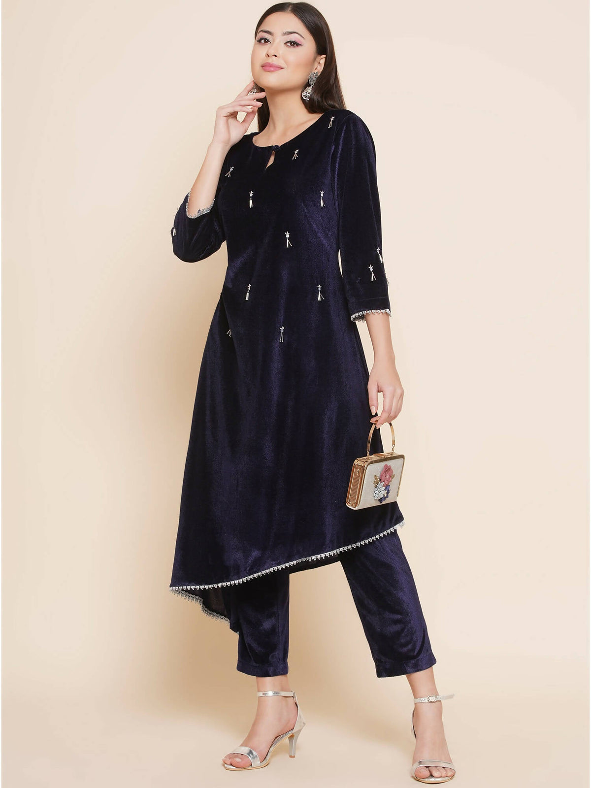 Women Republic Navy Blue Velvet Assymetrical Hand Embellished Kurta With Pants | Grocsy