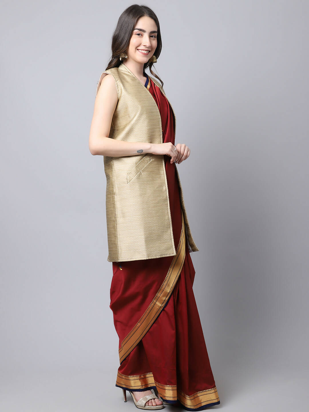 Even Apparels Beige Bansari Silk Open Front Women's Long Coat | Grocsy
