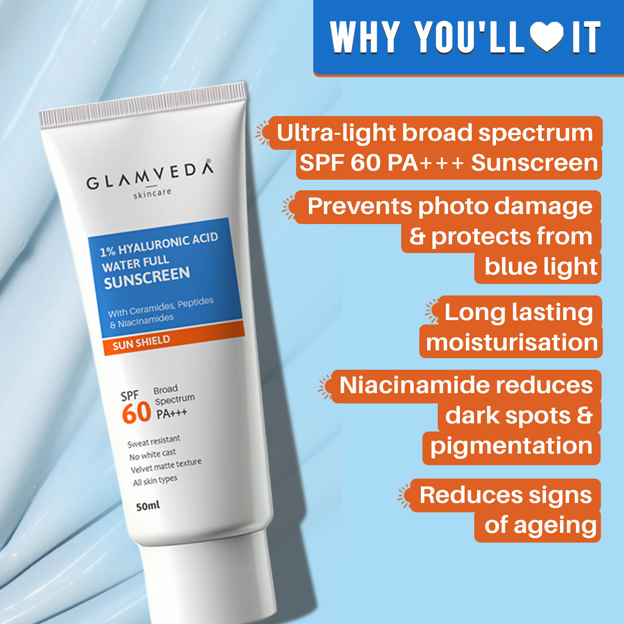 Glamveda 1% Hyaluronic Acid Water Full Sunscreen SPF 60 PA+++ | Grocsy