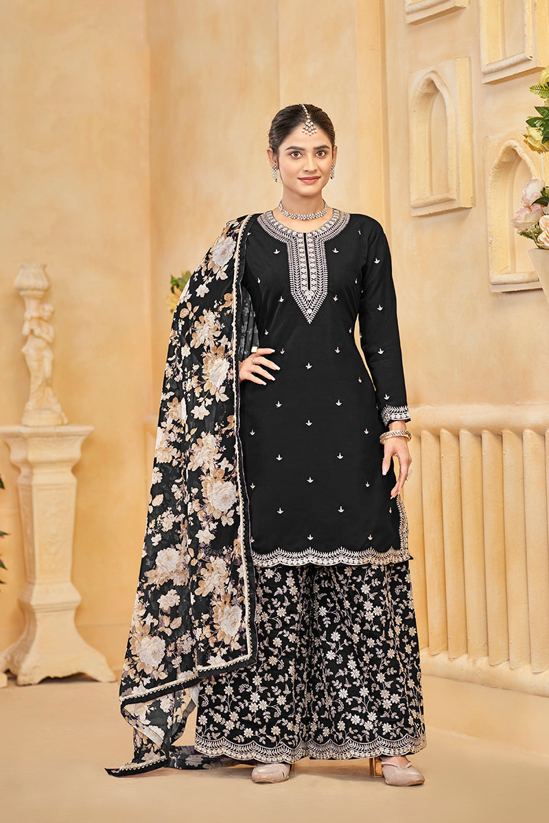 Monjolika Fashion Black Color Embroidered Santoon Silk Salwar Suit | Grocsy