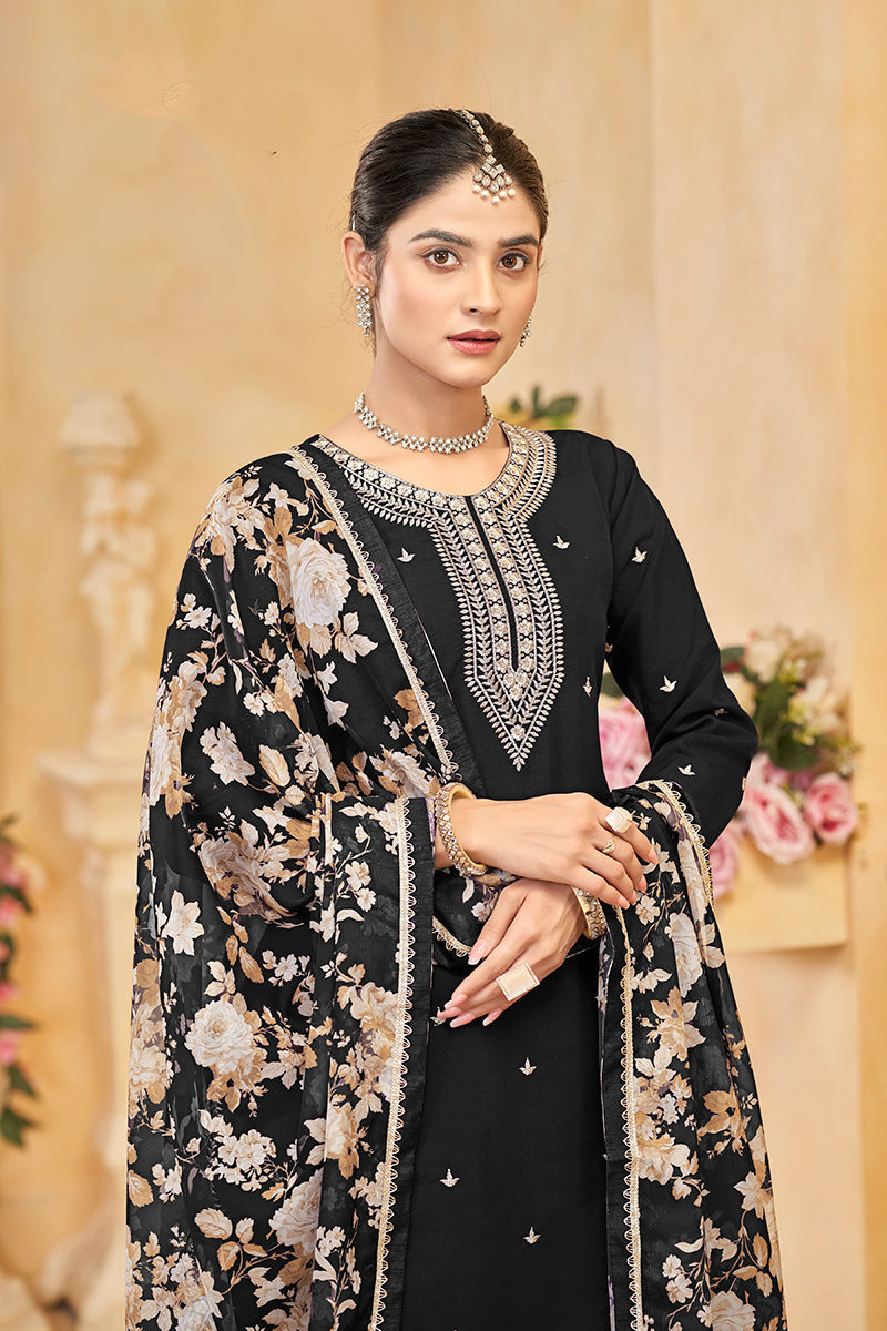 Monjolika Fashion Black Color Embroidered Santoon Silk Salwar Suit | Grocsy