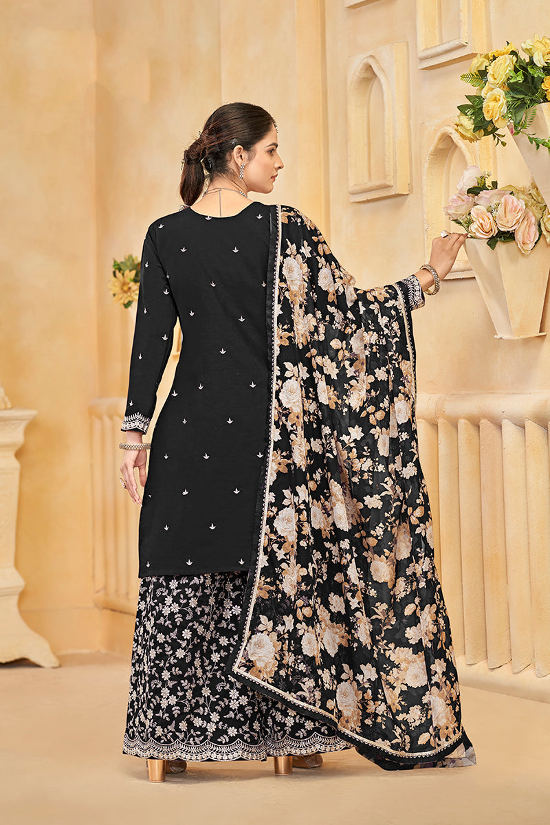 Monjolika Fashion Black Color Embroidered Santoon Silk Salwar Suit | Grocsy