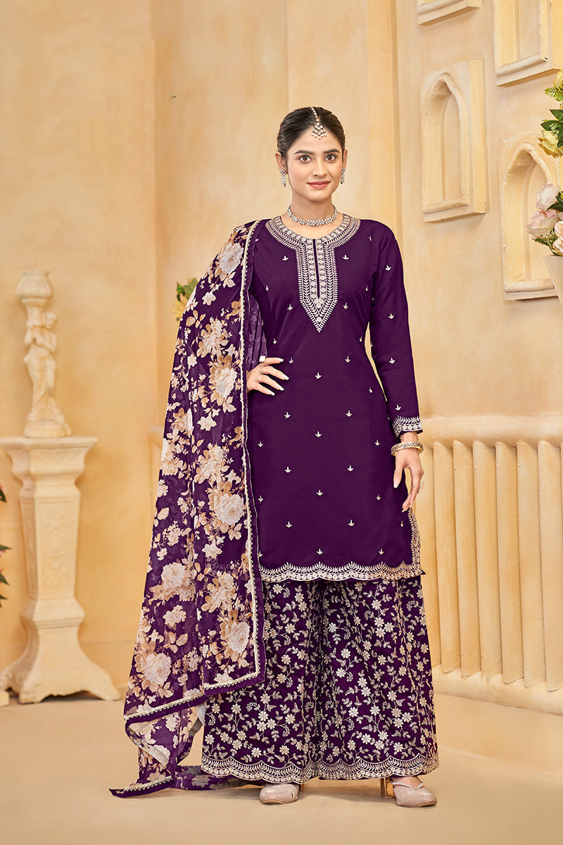 Monjolika Fashion Dark-Purple Color Embroidered Santoon Silk Salwar Suit | Grocsy