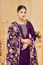 Monjolika Fashion Dark-Purple Color Embroidered Santoon Silk Salwar Suit | Grocsy