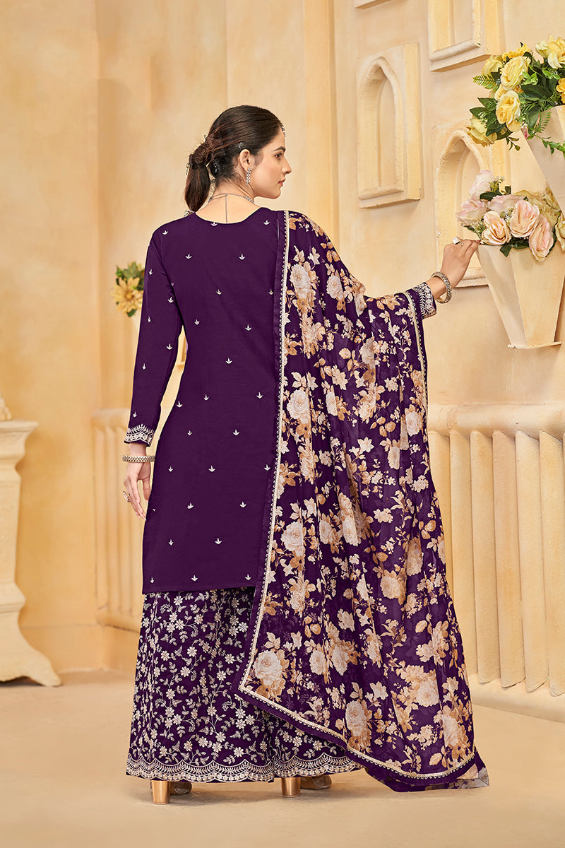 Monjolika Fashion Dark-Purple Color Embroidered Santoon Silk Salwar Suit | Grocsy