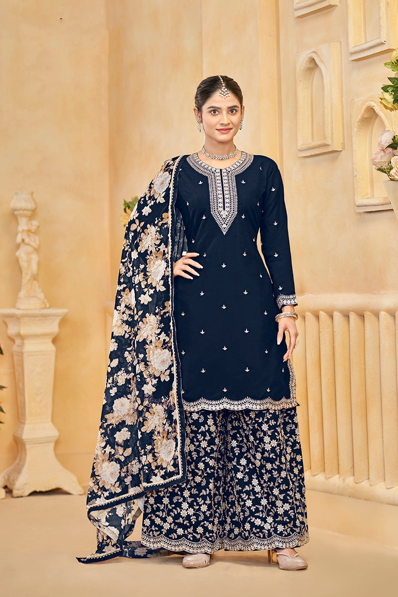 Monjolika Fashion Navy-Blue Color Embroidered Santoon Silk Salwar Suit | Grocsy