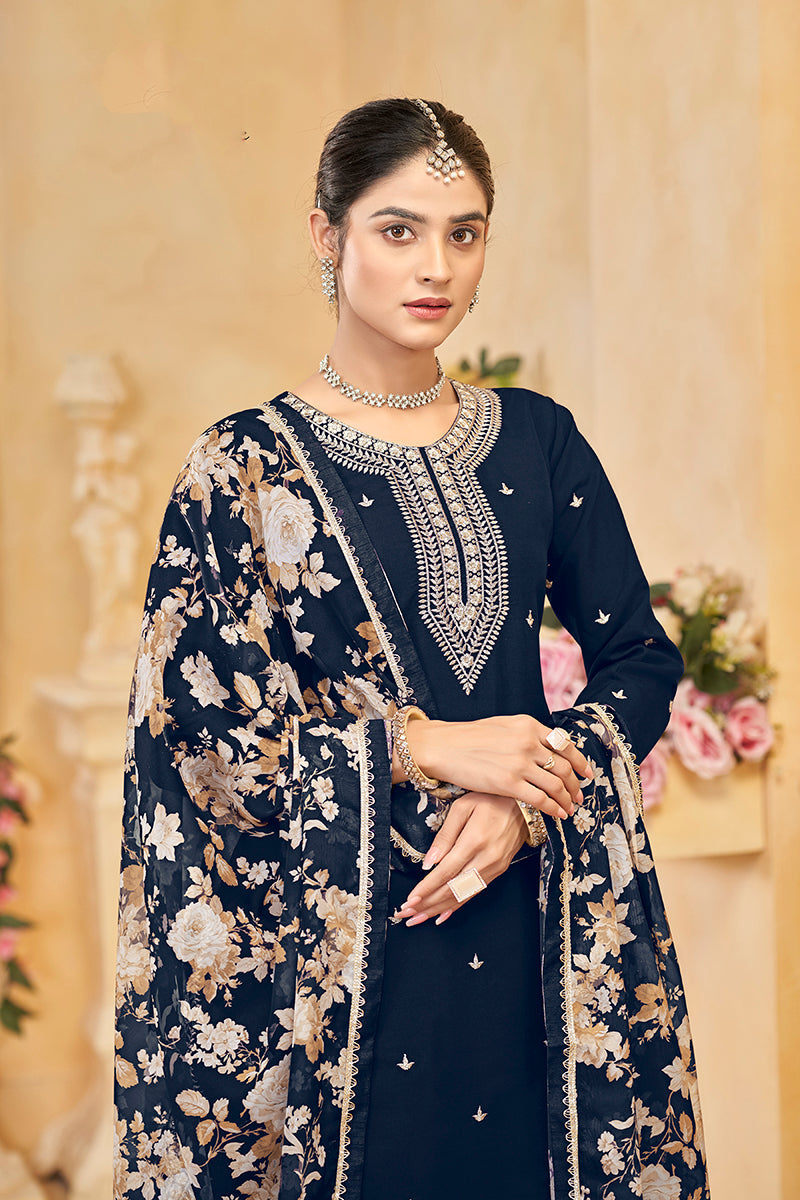 Monjolika Fashion Navy-Blue Color Embroidered Santoon Silk Salwar Suit | Grocsy
