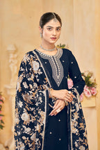 Monjolika Fashion Navy-Blue Color Embroidered Santoon Silk Salwar Suit | Grocsy