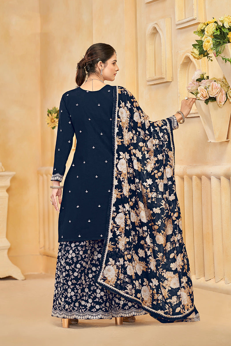 Monjolika Fashion Navy-Blue Color Embroidered Santoon Silk Salwar Suit | Grocsy