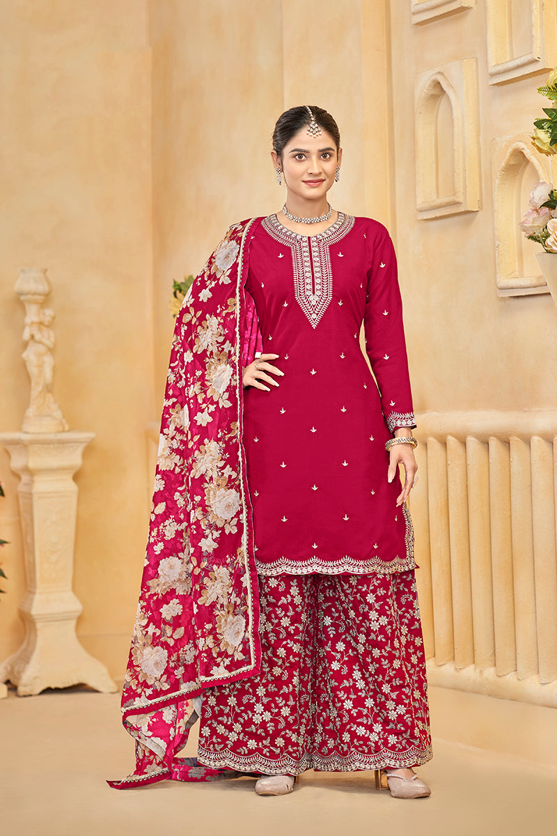 Monjolika Fashion Dark-Hot-Pink Color Embroidered Santoon Silk Salwar Suit | Grocsy
