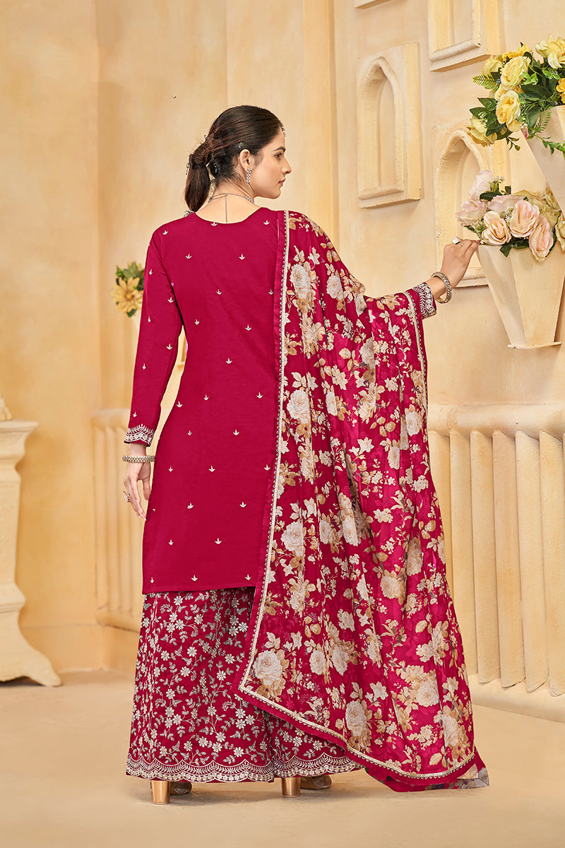 Monjolika Fashion Dark-Hot-Pink Color Embroidered Santoon Silk Salwar Suit | Grocsy