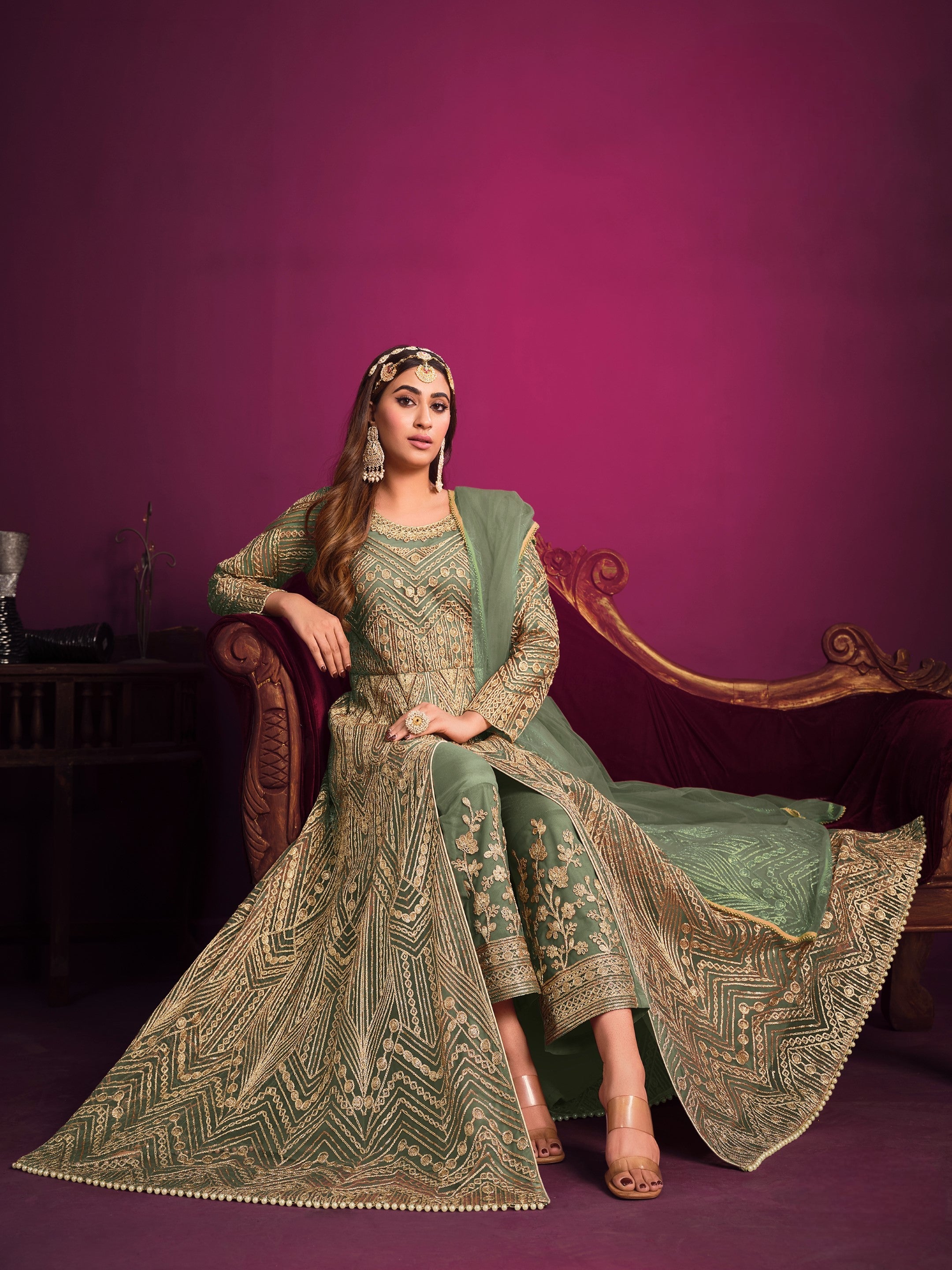 Anaita Green Embroidered Net Anarkali Suit | Grocsy