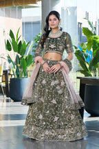 Monjolika Fashion Mehendi Green Embroidered Silk Engagement A Line Lehenga Choli | Grocsy