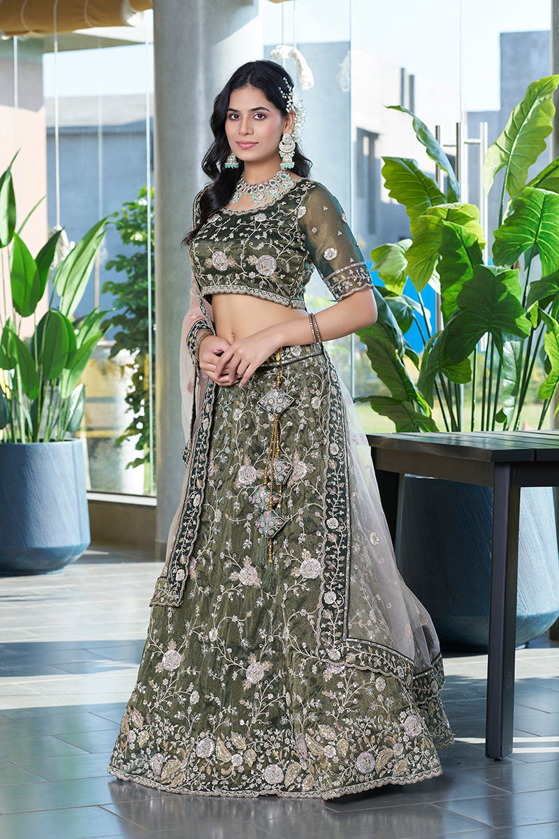 Monjolika Fashion Mehendi Green Embroidered Silk Engagement A Line Lehenga Choli | Grocsy
