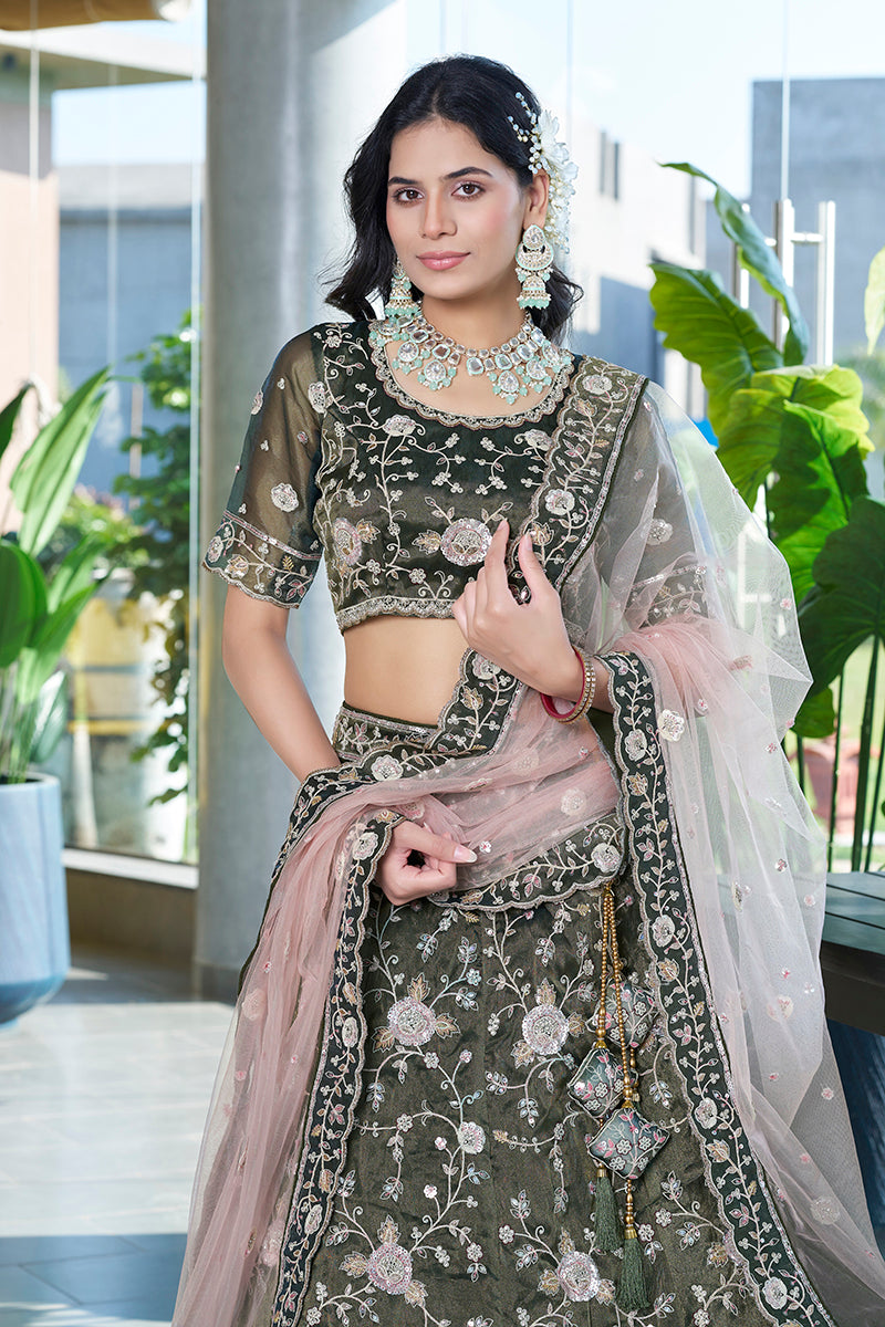 Monjolika Fashion Mehendi Green Embroidered Silk Engagement A Line Lehenga Choli | Grocsy