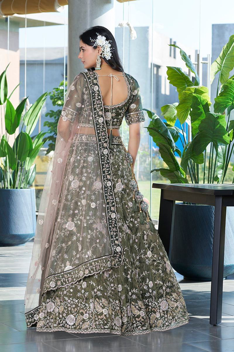 Monjolika Fashion Mehendi Green Embroidered Silk Engagement A Line Lehenga Choli | Grocsy