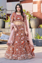 Monjolika Fashion Dark Orange Embroidered Silk Engagement A Line Lehenga Choli | Grocsy