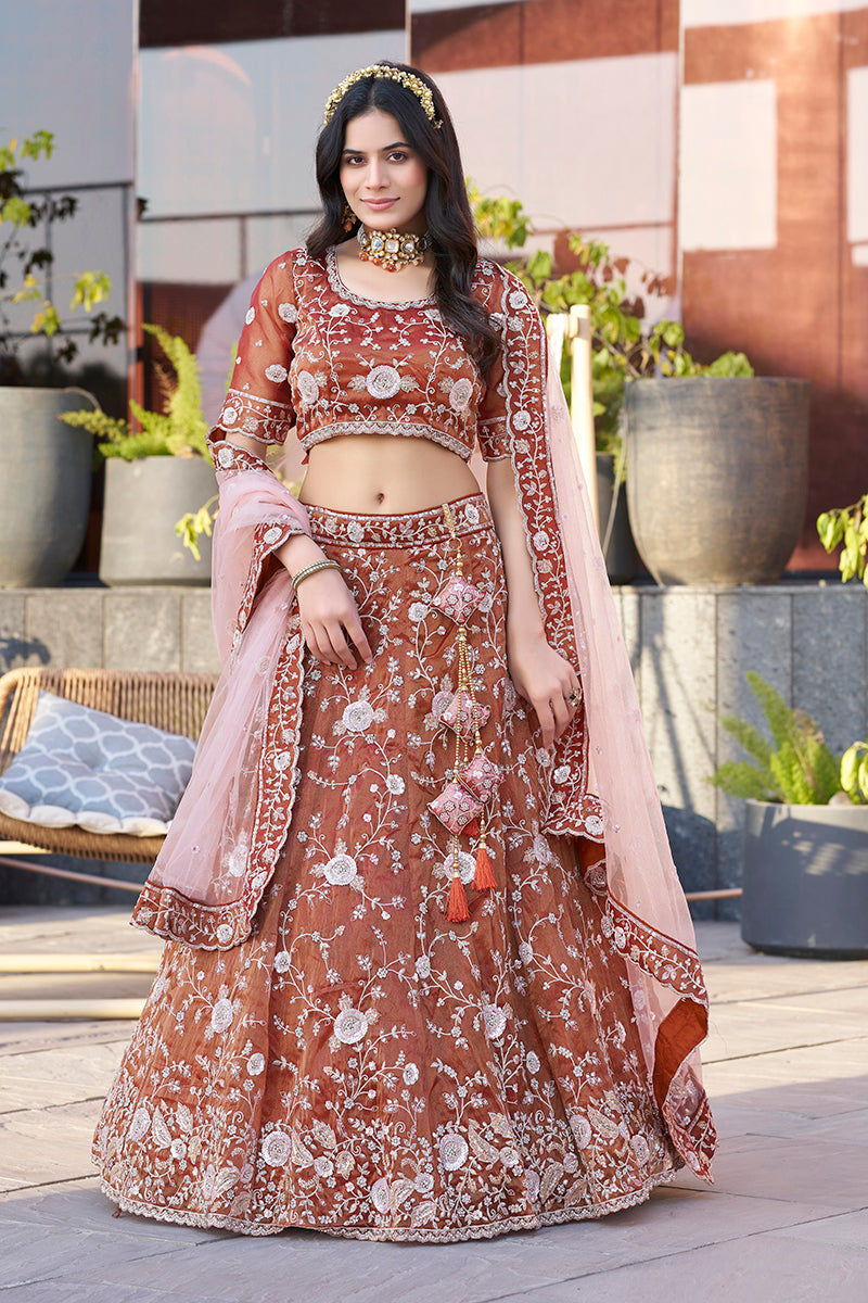 Monjolika Fashion Dark Orange Embroidered Silk Engagement A Line Lehenga Choli | Grocsy