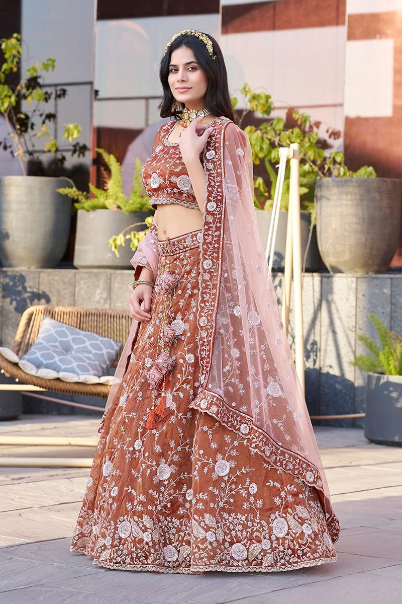 Monjolika Fashion Dark Orange Embroidered Silk Engagement A Line Lehenga Choli | Grocsy