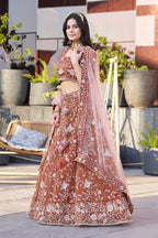 Monjolika Fashion Dark Orange Embroidered Silk Engagement A Line Lehenga Choli | Grocsy