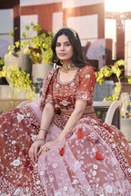 Monjolika Fashion Dark Orange Embroidered Silk Engagement A Line Lehenga Choli | Grocsy
