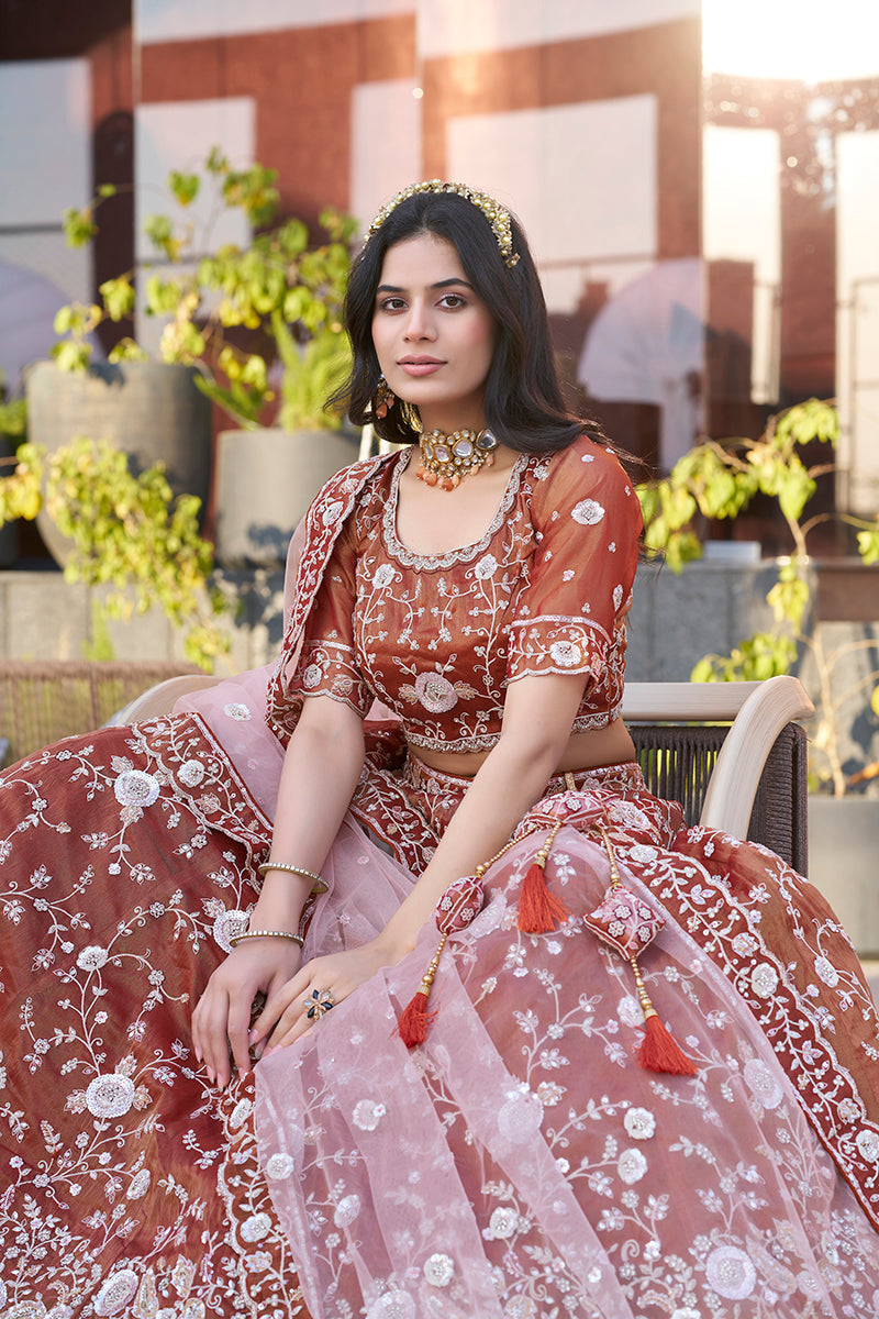 Monjolika Fashion Dark Orange Embroidered Silk Engagement A Line Lehenga Choli | Grocsy