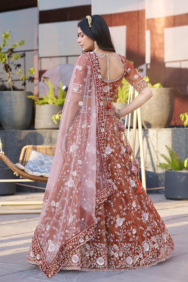 Monjolika Fashion Dark Orange Embroidered Silk Engagement A Line Lehenga Choli | Grocsy