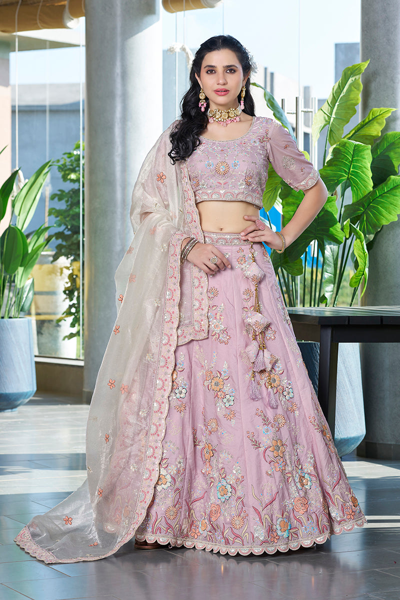 Monjolika Fashion Light Pink Embroidered Silk Engagement A Line Lehenga Choli | Grocsy