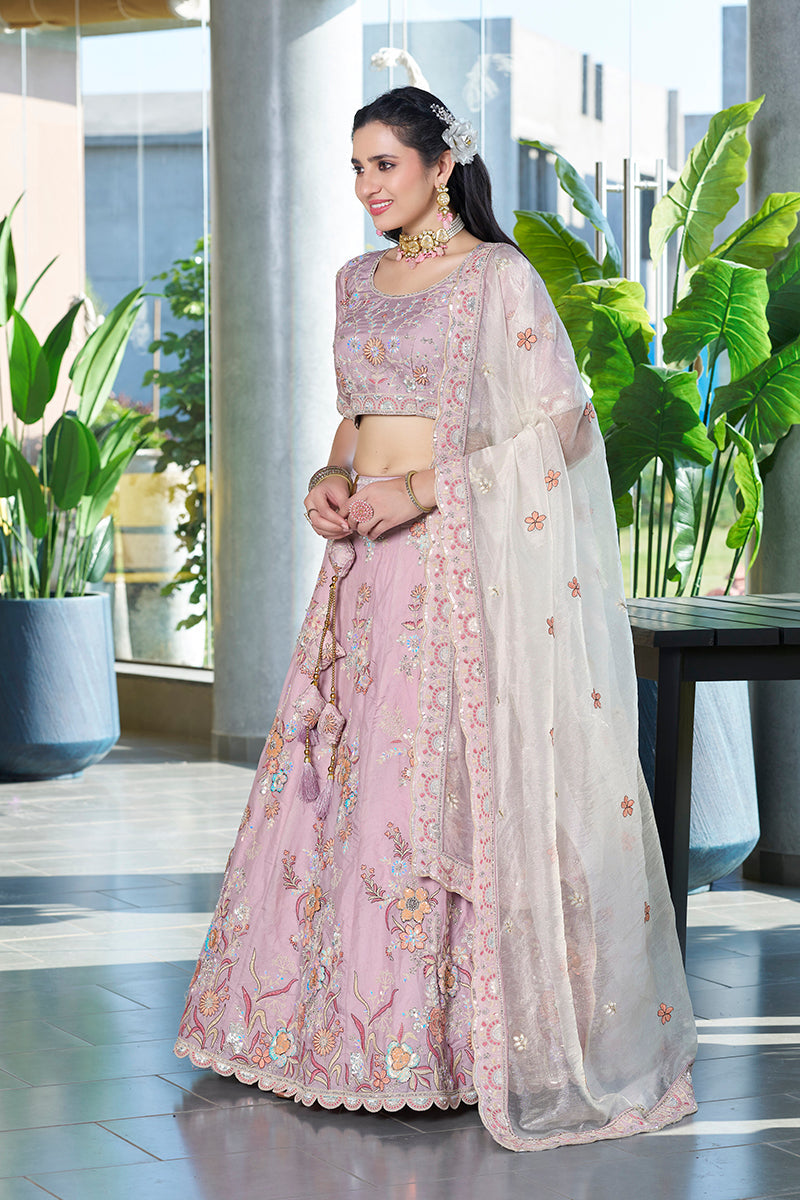 Monjolika Fashion Light Pink Embroidered Silk Engagement A Line Lehenga Choli | Grocsy