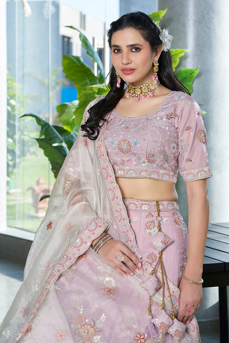 Monjolika Fashion Light Pink Embroidered Silk Engagement A Line Lehenga Choli | Grocsy