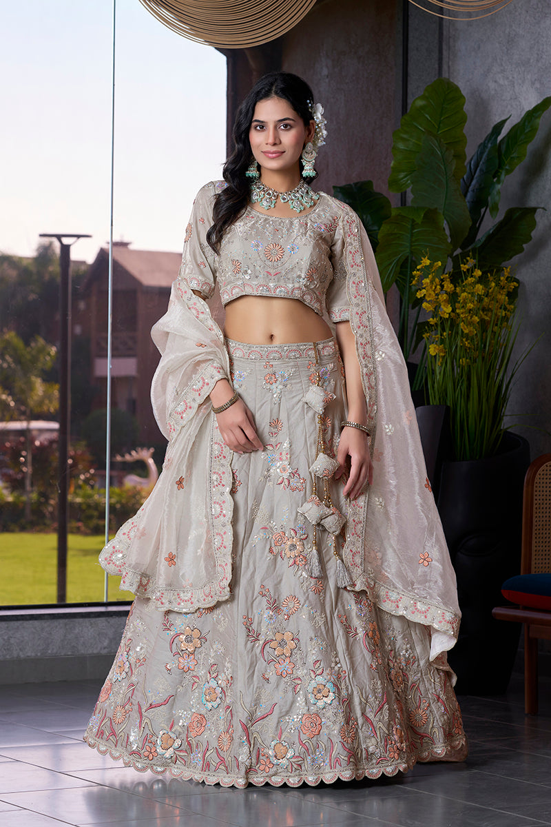 Monjolika Fashion Light Grey Embroidered Silk Engagement A Line Lehenga Choli | Grocsy