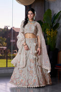 Monjolika Fashion Light Grey Embroidered Silk Engagement A Line Lehenga Choli | Grocsy