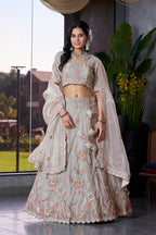 Monjolika Fashion Light Grey Embroidered Silk Engagement A Line Lehenga Choli | Grocsy
