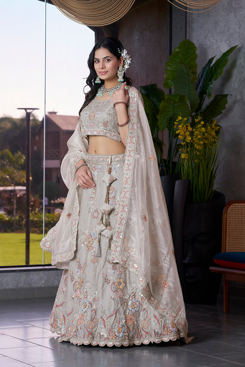 Monjolika Fashion Light Grey Embroidered Silk Engagement A Line Lehenga Choli | Grocsy