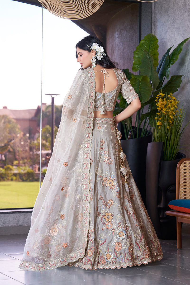 Monjolika Fashion Light Grey Embroidered Silk Engagement A Line Lehenga Choli | Grocsy