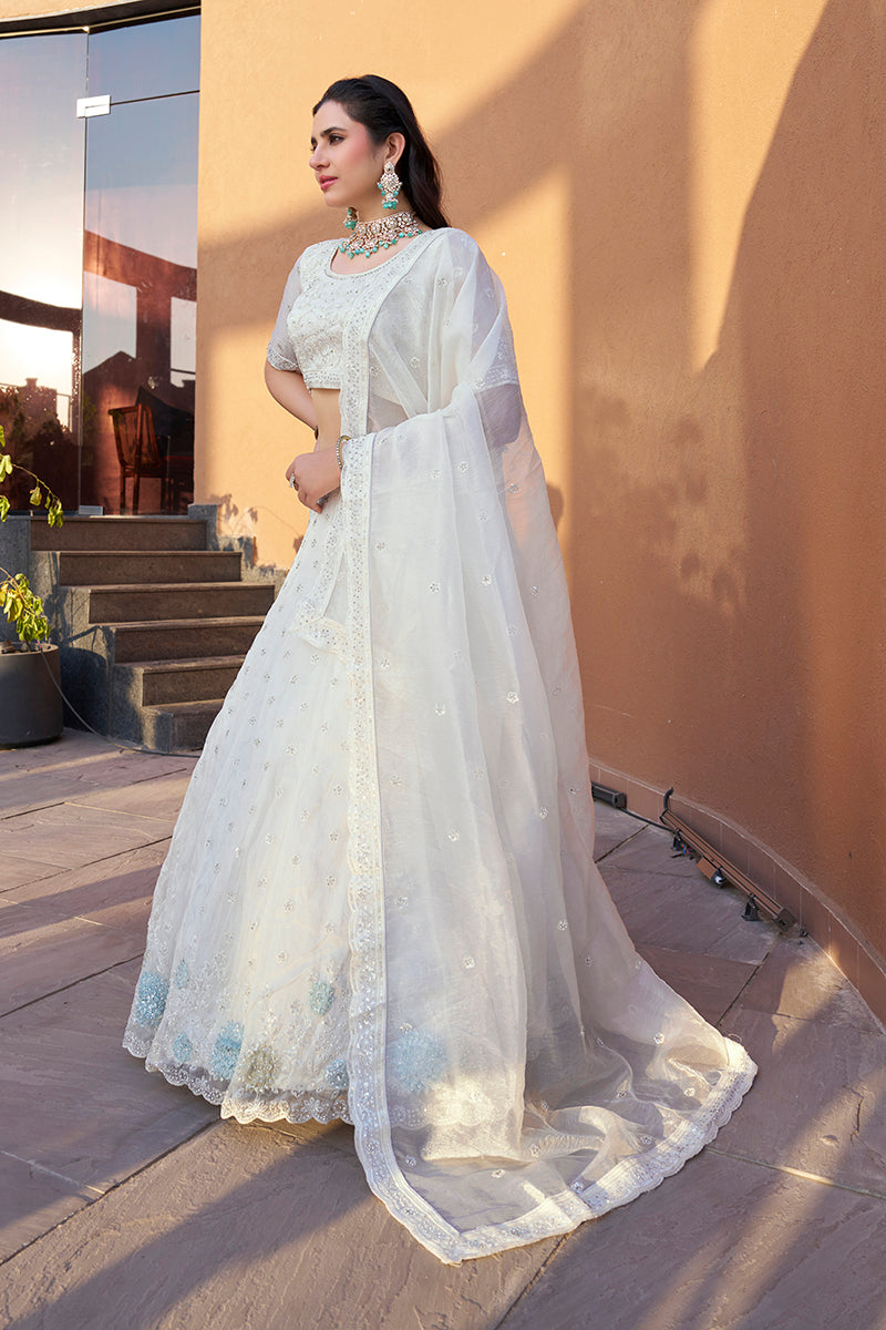 Monjolika Fashion White Embroidered Silk Engagement A Line Lehenga Choli | Grocsy