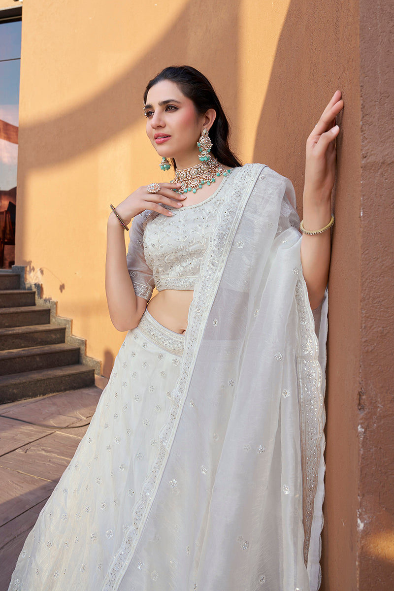 Monjolika Fashion White Embroidered Silk Engagement A Line Lehenga Choli | Grocsy