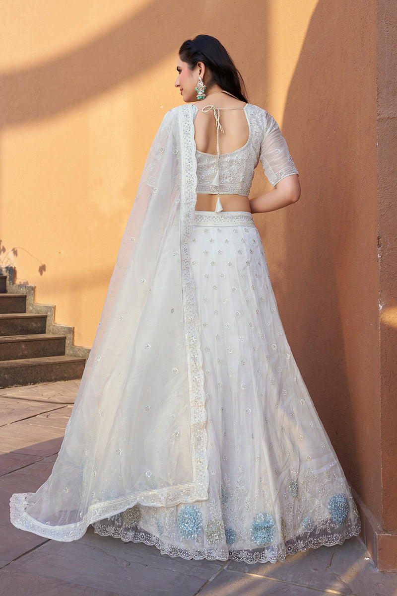Monjolika Fashion White Embroidered Silk Engagement A Line Lehenga Choli | Grocsy