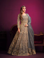 Anaita Grey Embroidered Net Anarkali Suit | Grocsy