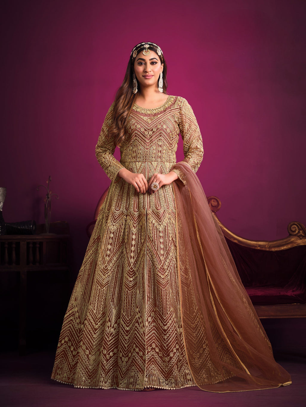 Anaita Orange Embroidered Net Anarkali Suit | Grocsy